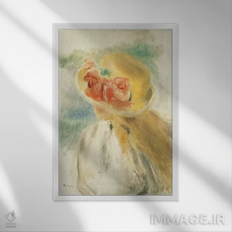 تابلو دختر جوان با گلهایی در کلاهش اثر پیر-اوگوست رنوار - نمای قابدار سفید