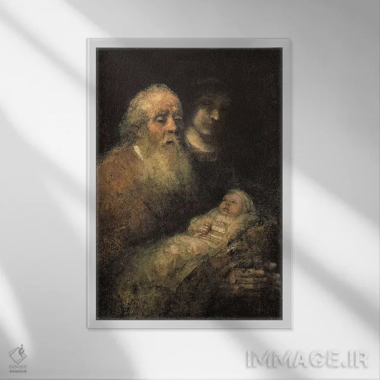 تابلو شمعون در معبد، ۱۶۶۹ اثر رمبرانت فان رَین (نقاش بزرگ هلندی) - نمای قابدار سفید