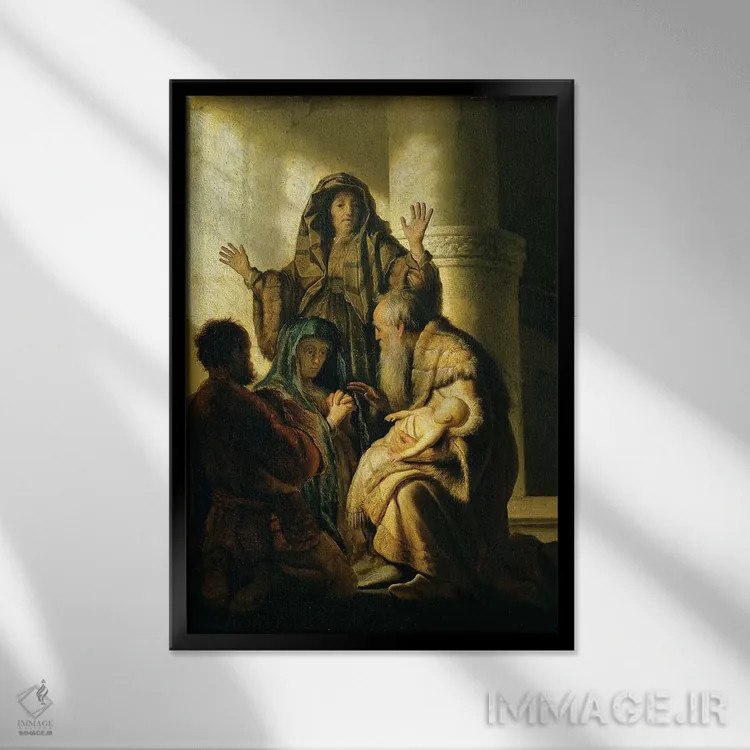 تابلو شمعون و حنا در معبد، حدود ۱۶۲۷ اثر رمبرانت فان رَین (نقاش بزرگ هلندی) - نمای قابدار مشکی