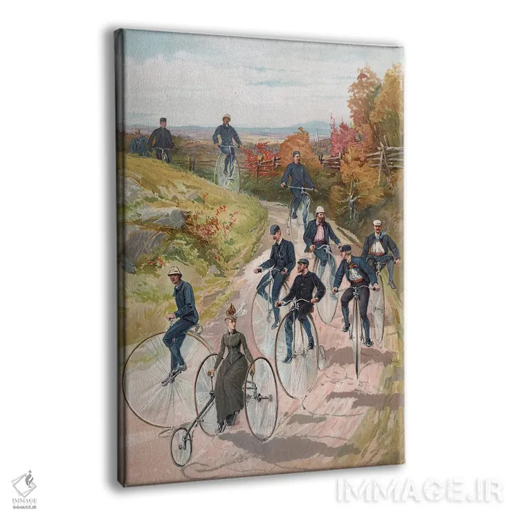 تابلو دوچرخهسواری: زن روی سهچرخه و مردان روی پنی-فارتینگ، ۱۸۸۷ (دوچرخههای قدیمی) اثر مکتب آمریکایی (سبک یا گروه هنری) - نمای پرسپکتیو محصول