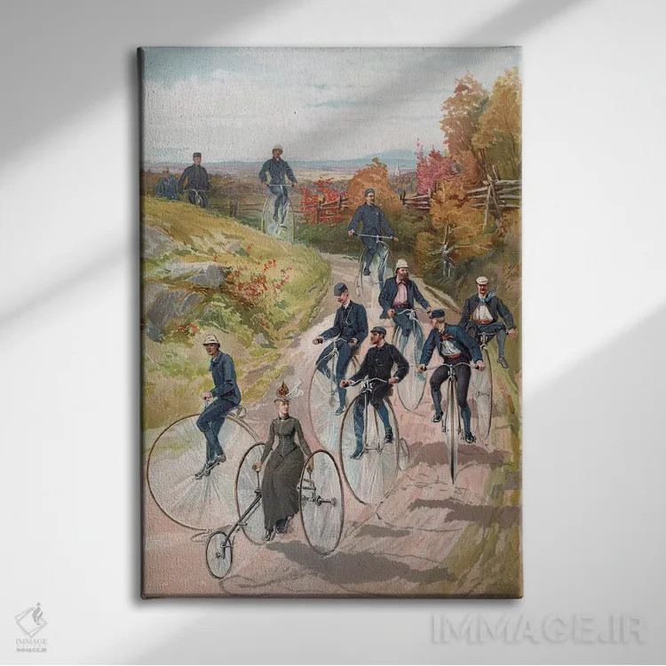 تابلو دوچرخهسواری: زن روی سهچرخه و مردان روی پنی-فارتینگ، ۱۸۸۷ (دوچرخههای قدیمی) اثر مکتب آمریکایی (سبک یا گروه هنری) - نمای روبهرو روی دیوار