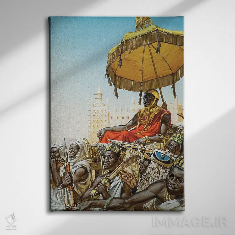 تابلو مانسا کانکان موسی اول، پادشاه قرن چهاردهم امپراتوری مالی اثر انگوس مکبراید (تصویرگر بریتانیایی) - نمای روبهرو روی دیوار