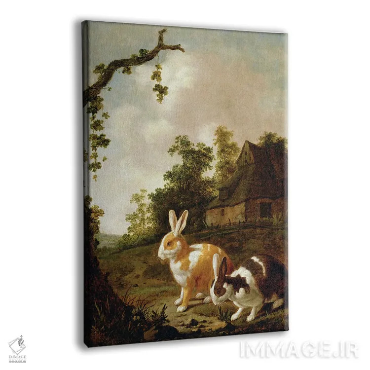 تابلو منظرهٔ جنگلی با دو خرگوش اثر دیرک وینتراک - نمای پرسپکتیو محصول
