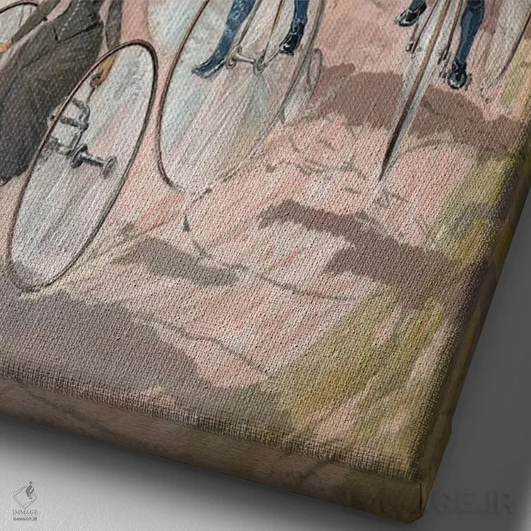 تابلو دوچرخهسواری: زن روی سهچرخه و مردان روی پنی-فارتینگ، ۱۸۸۷ (دوچرخههای قدیمی) اثر مکتب آمریکایی (سبک یا گروه هنری) - نمای نزدیک بافت بوم