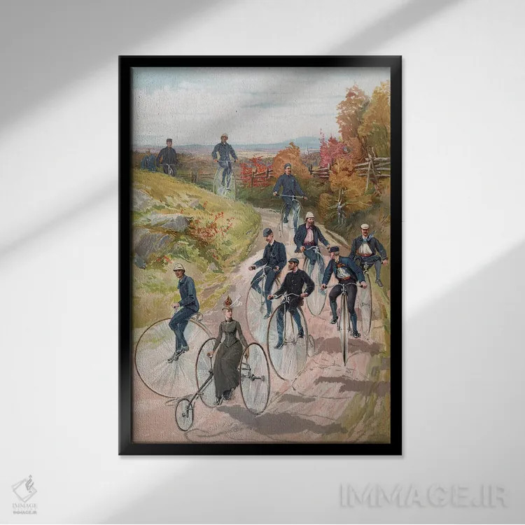 تابلو دوچرخهسواری: زن روی سهچرخه و مردان روی پنی-فارتینگ، ۱۸۸۷ (دوچرخههای قدیمی) اثر مکتب آمریکایی (سبک یا گروه هنری) - نمای قابدار مشکی