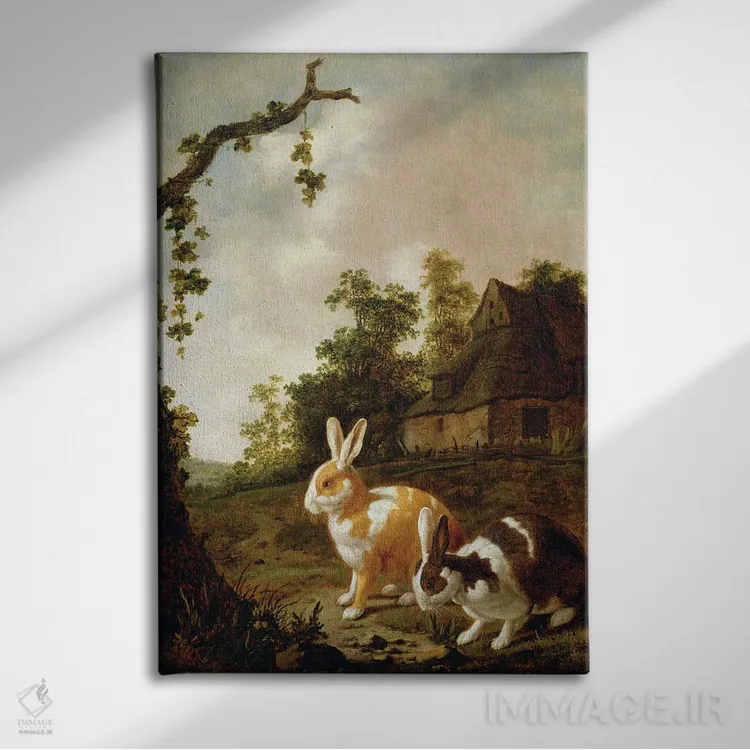 تابلو منظرهٔ جنگلی با دو خرگوش اثر دیرک وینتراک - نمای روبهرو روی دیوار