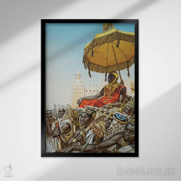 تابلو مانسا کانکان موسی اول، پادشاه قرن چهاردهم امپراتوری مالی اثر انگوس مکبراید (تصویرگر بریتانیایی) - نمای قابدار مشکی