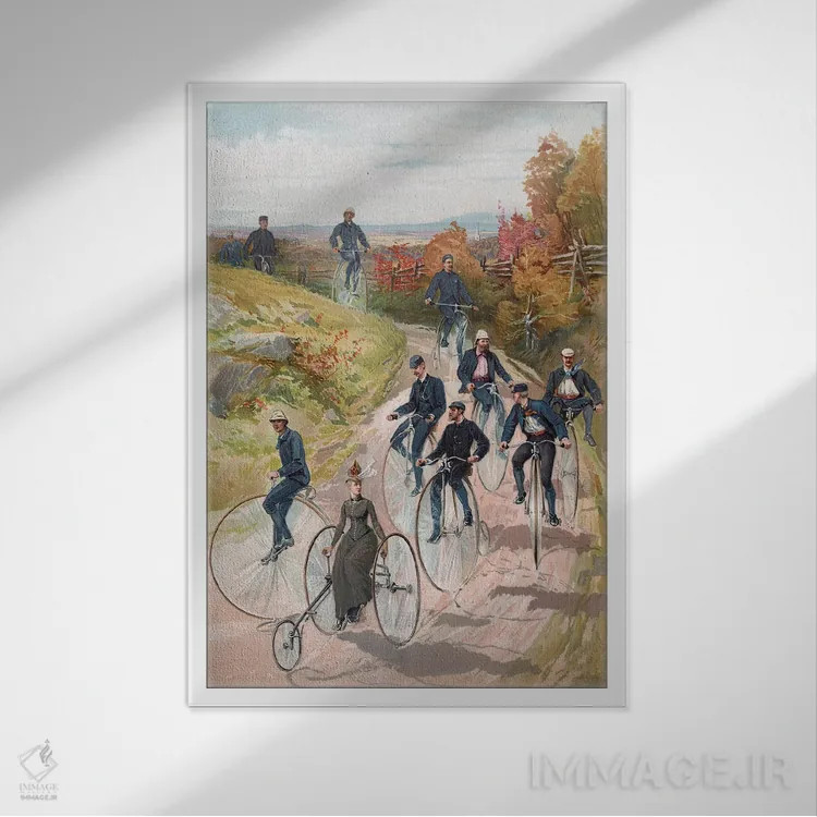 تابلو دوچرخهسواری: زن روی سهچرخه و مردان روی پنی-فارتینگ، ۱۸۸۷ (دوچرخههای قدیمی) اثر مکتب آمریکایی (سبک یا گروه هنری) - نمای قابدار سفید