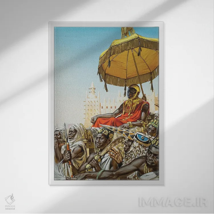 تابلو مانسا کانکان موسی اول، پادشاه قرن چهاردهم امپراتوری مالی اثر انگوس مکبراید (تصویرگر بریتانیایی) - نمای قابدار سفید