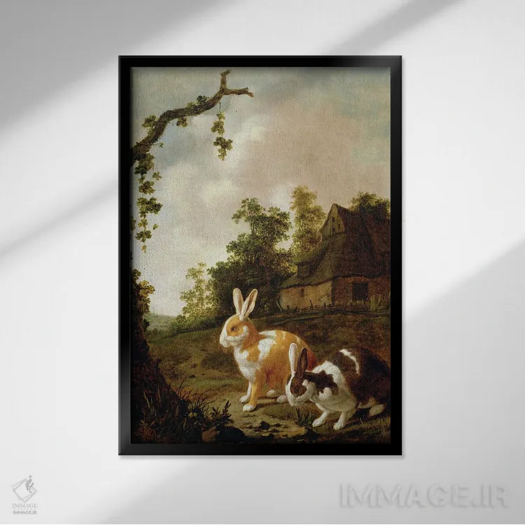 تابلو منظرهٔ جنگلی با دو خرگوش اثر دیرک وینتراک - نمای قابدار مشکی