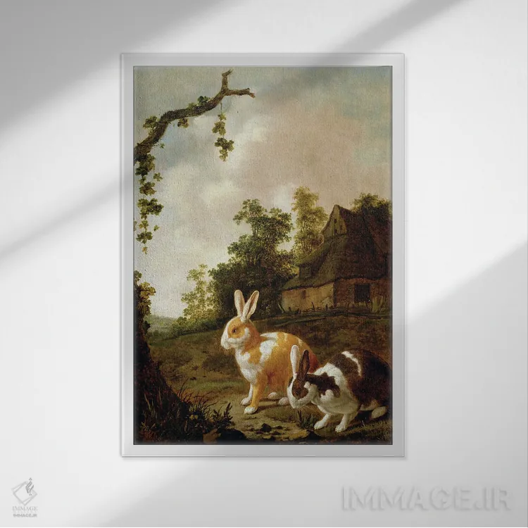 تابلو منظرهٔ جنگلی با دو خرگوش اثر دیرک وینتراک - نمای قابدار سفید