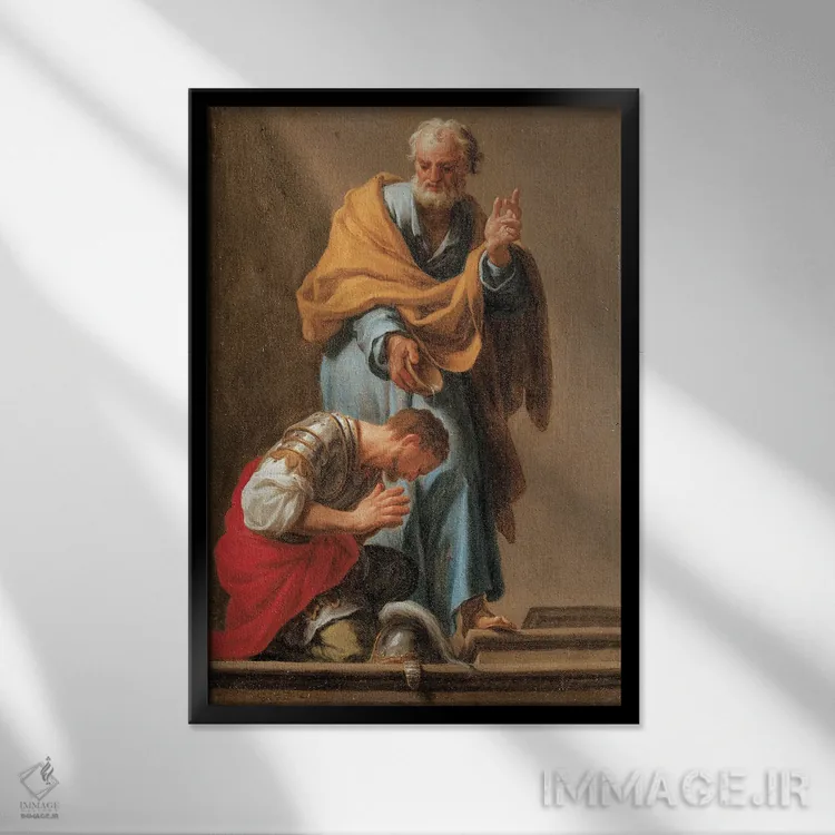 تابلو سنت پطرس در حال تعمید فرمانده کورنلیوس اثر فرانچسکو ترویزانی - نمای قابدار مشکی