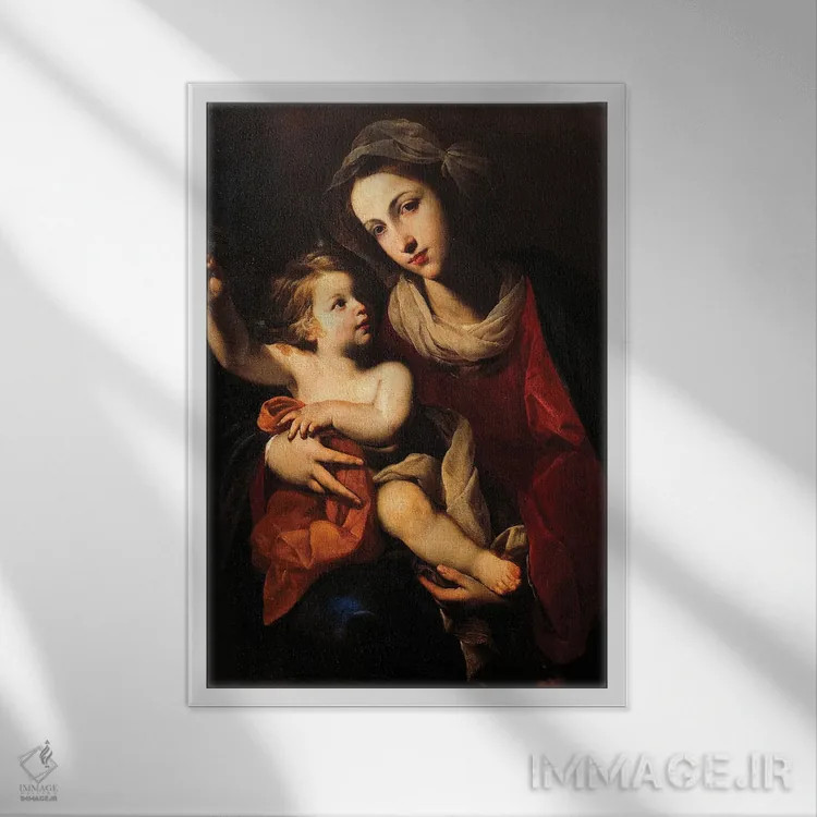 تابلو مریم مقدس و کودک اثر فرانچسکو سولیمنا (نقاش باروک ایتالیا) - نمای قابدار سفید