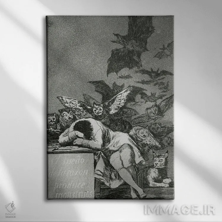 تابلو خواب عقل هیولا میزاید (عکس سیاه و سفید از تصویرسازی مجموعه "کاپریچوس")، ۱۷۹۹ اثر فرانسیسکو گویا (نقاش و چاپگر اسپانیایی) - نمای روبهرو روی دیوار