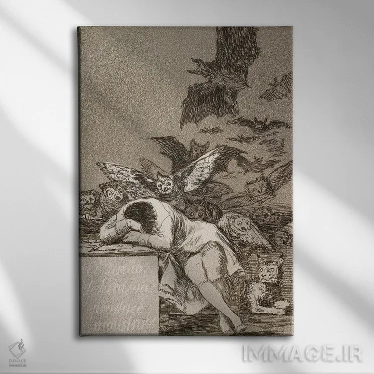 تابلو خواب عقل هیولا میزاید (تصویرسازی از مجموعه "کاپریچوس")، ۱۷۹۹ اثر فرانسیسکو گویا (نقاش و چاپگر اسپانیایی) - نمای روبهرو روی دیوار