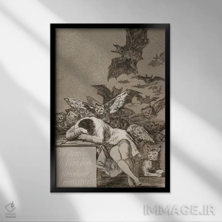 تابلو خواب عقل هیولا میزاید (تصویرسازی از مجموعه "کاپریچوس")، ۱۷۹۹ اثر فرانسیسکو گویا (نقاش و چاپگر اسپانیایی) - نمای قابدار مشکی