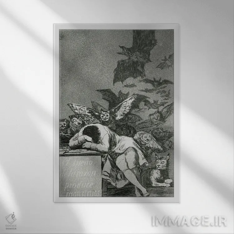 تابلو خواب عقل هیولا میزاید (عکس سیاه و سفید از تصویرسازی مجموعه "کاپریچوس")، ۱۷۹۹ اثر فرانسیسکو گویا (نقاش و چاپگر اسپانیایی) - نمای قابدار سفید