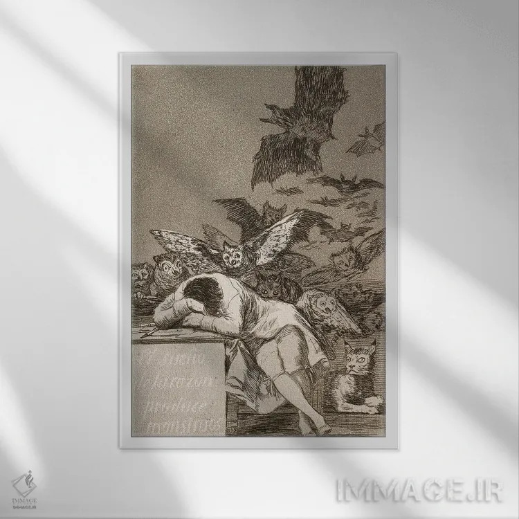 تابلو خواب عقل هیولا میزاید (تصویرسازی از مجموعه "کاپریچوس")، ۱۷۹۹ اثر فرانسیسکو گویا (نقاش و چاپگر اسپانیایی) - نمای قابدار سفید