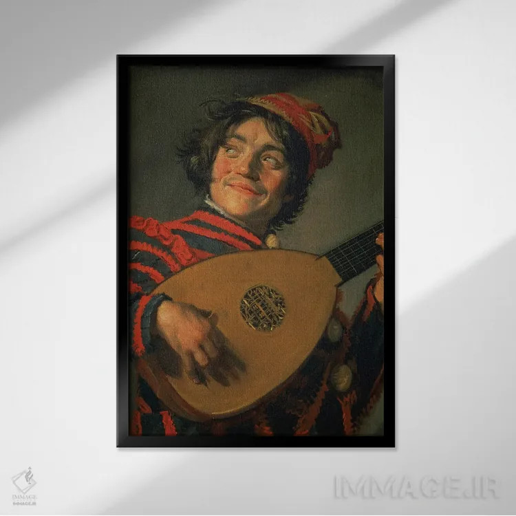 تابلو پرترهٔ یک دلقک با لوت اثر فرانس هالس بزرگ (نقاش هلندی) - نمای قابدار مشکی