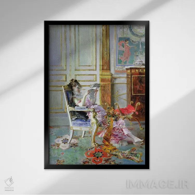 تابلو 1876,دختری در حال مطالعه در سالن، ۱۸۷۶ اثر جیووانی بولباوری (نقاش ایتالیایی) - نمای قابدار مشکی