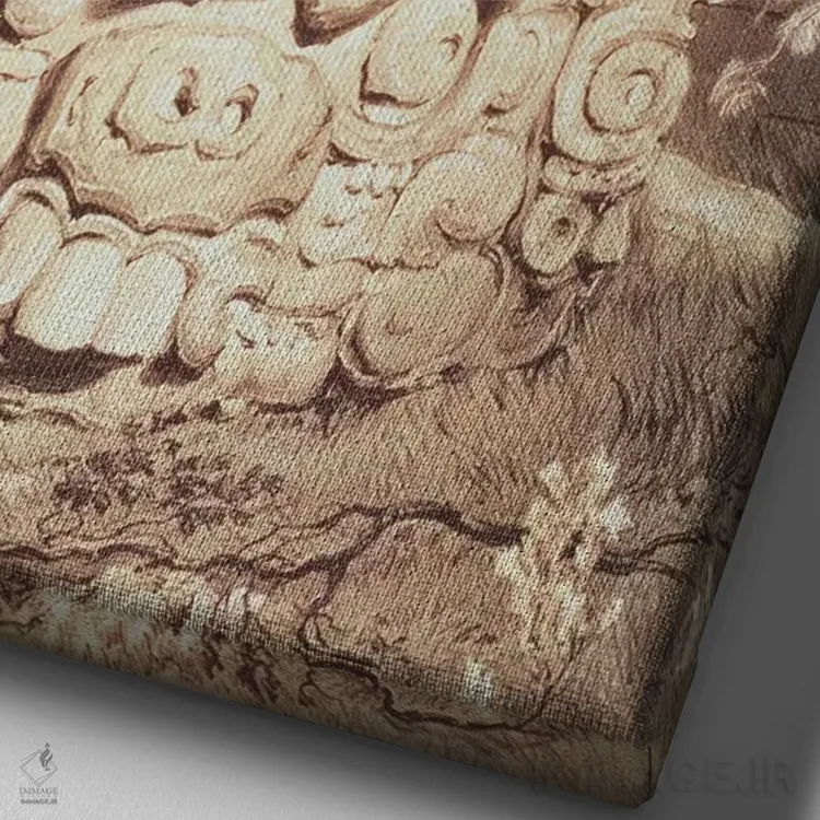 تابلو بُت و محراب در کوپان (تصویرسازی از آثار باستانی آمریکای مرکزی، چیاپاس و یوکاتان)، ۱۸۴۴ اثر فردریک کاتروود (نقاش و کاوشگر انگلیسی) - نمای نزدیک بافت بوم