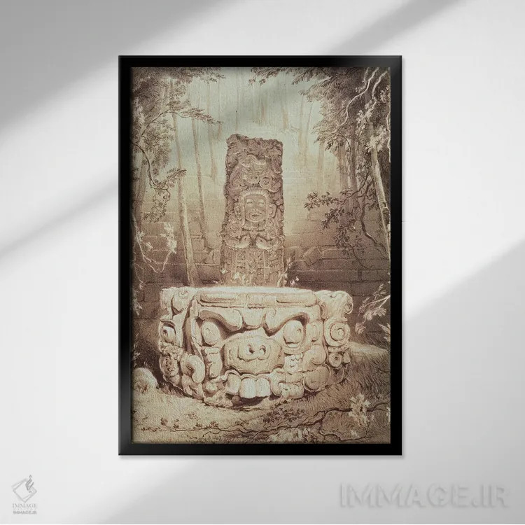 تابلو بُت و محراب در کوپان (تصویرسازی از آثار باستانی آمریکای مرکزی، چیاپاس و یوکاتان)، ۱۸۴۴ اثر فردریک کاتروود (نقاش و کاوشگر انگلیسی) - نمای قابدار مشکی