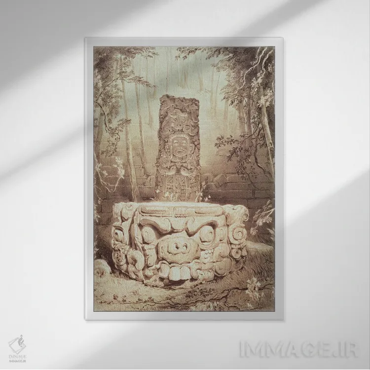 تابلو بُت و محراب در کوپان (تصویرسازی از آثار باستانی آمریکای مرکزی، چیاپاس و یوکاتان)، ۱۸۴۴ اثر فردریک کاتروود (نقاش و کاوشگر انگلیسی) - نمای قابدار سفید