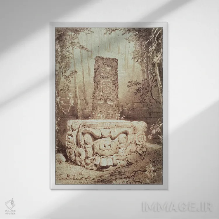 تابلو بُت و محراب در کوپان (تصویرسازی از آثار باستانی آمریکای مرکزی، چیاپاس و یوکاتان)، ۱۸۴۴ اثر فردریک کاتروود (نقاش و کاوشگر انگلیسی) - نمای قابدار سفید