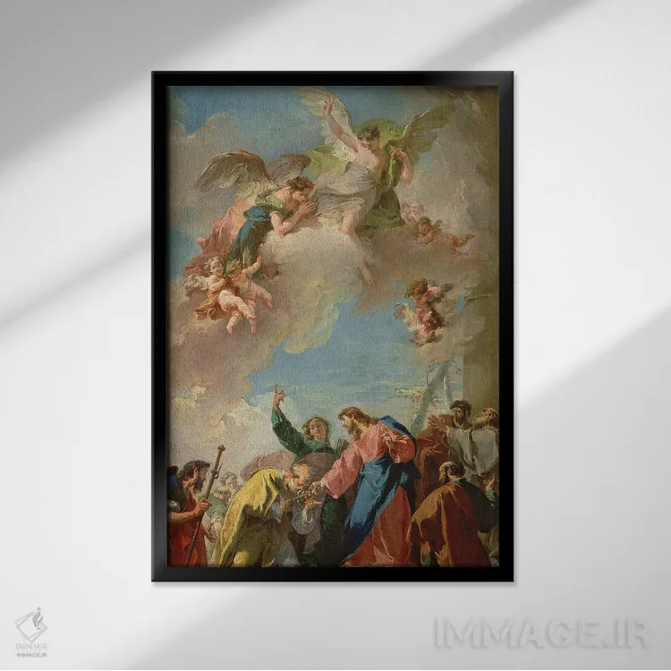 تابلو عیسی کلیدهای بهشت را به سنت پیتر میدهد اثر جیووانی باتیستا پیتونی (نقاش باروک ایتالیایی) - نمای قابدار مشکی