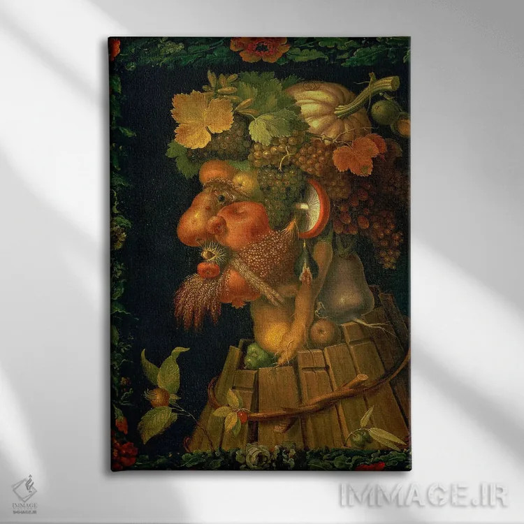 تابلو From A Series Depicting The Four Seasons, 1573,پاییز، از مجموعه چهار فصل، ۱۵۷۳ اثر جوزپه آرچیمبولدو (نقاش سورئالیست ایتالیایی) - نمای روبهرو روی دیوار