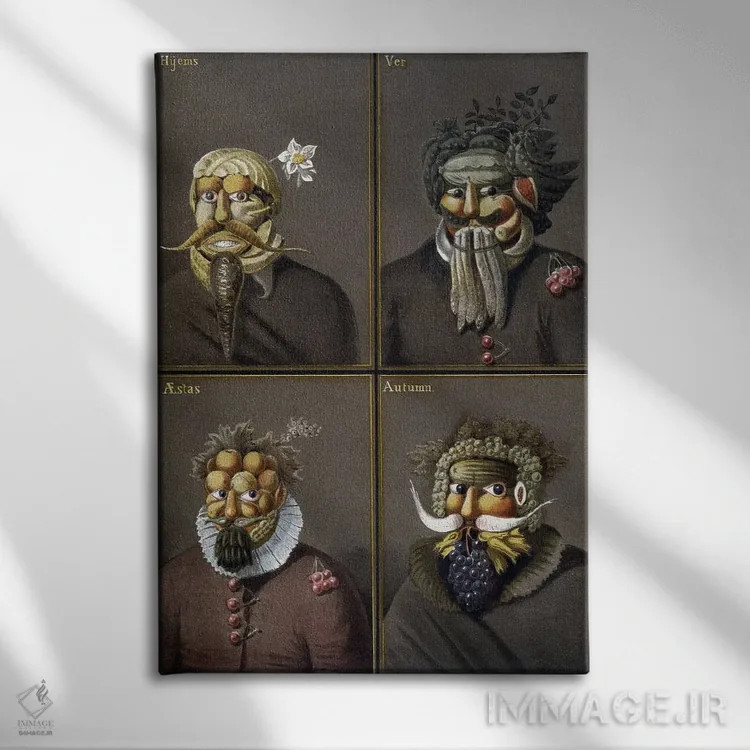 تابلو چهار فصل: مردانی با سر سبزیجات به سبک جوزپه آرچیمبولدو اثر جوزپه آرچیمبولدو (نقاش سورئالیست ایتالیایی) - نمای روبهرو روی دیوار