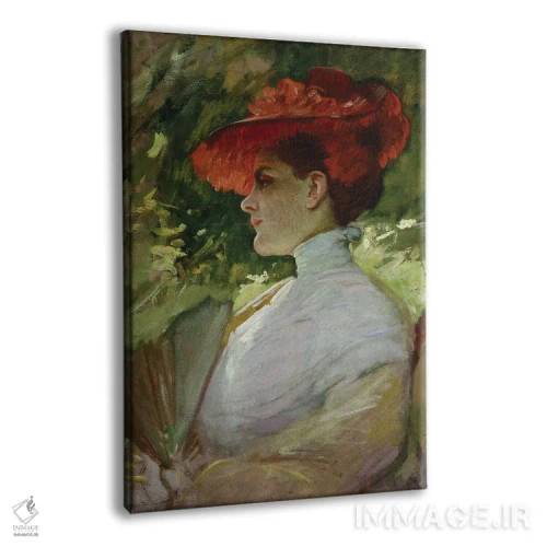 تابلو Or Portrait Of Maggie Wilson, C.1904,بانویی با کلاه قرمز یا پرترهٔ مگی ویلسون، حدود ۱۹۰۴ اثر فرانک دوونک (نقاش و آموزگار آمریکایی) - نمای پرسپکتیو محصول