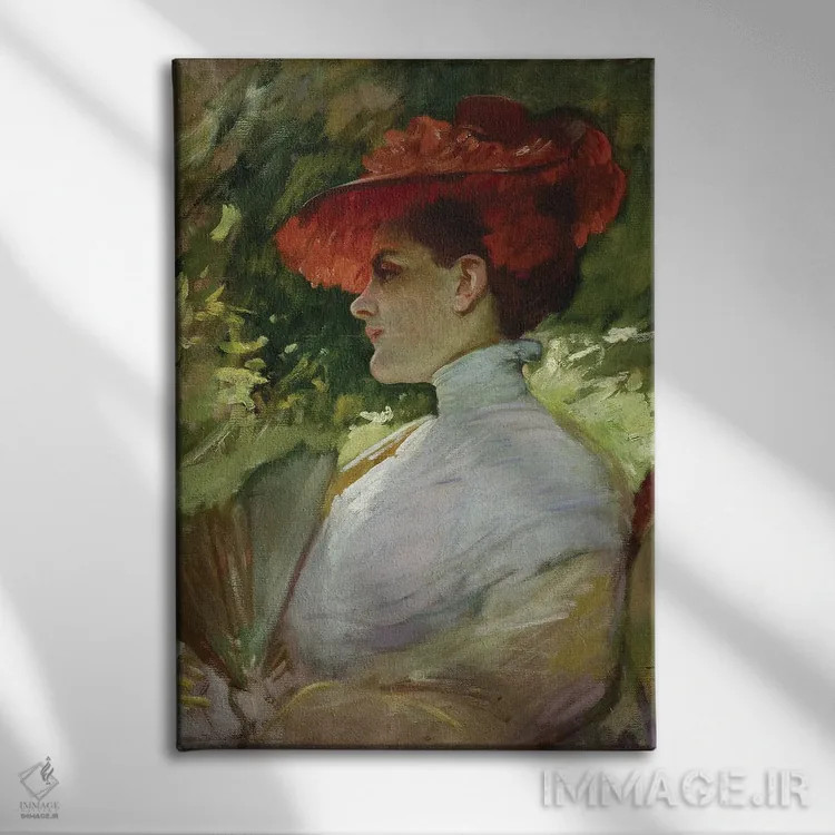 تابلو Or Portrait Of Maggie Wilson, C.1904,بانویی با کلاه قرمز یا پرترهٔ مگی ویلسون، حدود ۱۹۰۴ اثر فرانک دوونک (نقاش و آموزگار آمریکایی) - نمای روبهرو روی دیوار