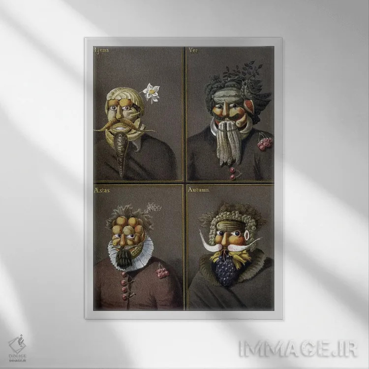 تابلو چهار فصل: مردانی با سر سبزیجات به سبک جوزپه آرچیمبولدو اثر جوزپه آرچیمبولدو (نقاش سورئالیست ایتالیایی) - نمای قابدار سفید