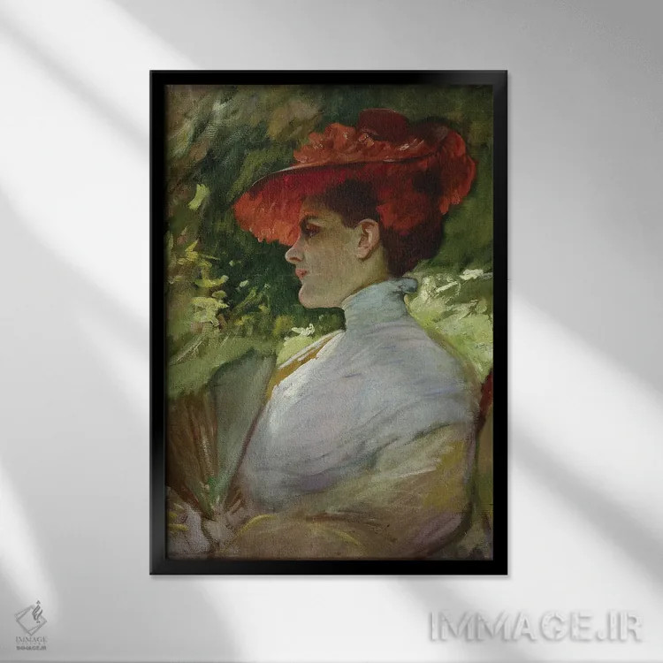 تابلو Or Portrait Of Maggie Wilson, C.1904,بانویی با کلاه قرمز یا پرترهٔ مگی ویلسون، حدود ۱۹۰۴ اثر فرانک دوونک (نقاش و آموزگار آمریکایی) - نمای قابدار مشکی