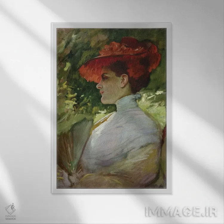 تابلو Or Portrait Of Maggie Wilson, C.1904,بانویی با کلاه قرمز یا پرترهٔ مگی ویلسون، حدود ۱۹۰۴ اثر فرانک دوونک (نقاش و آموزگار آمریکایی) - نمای قابدار سفید