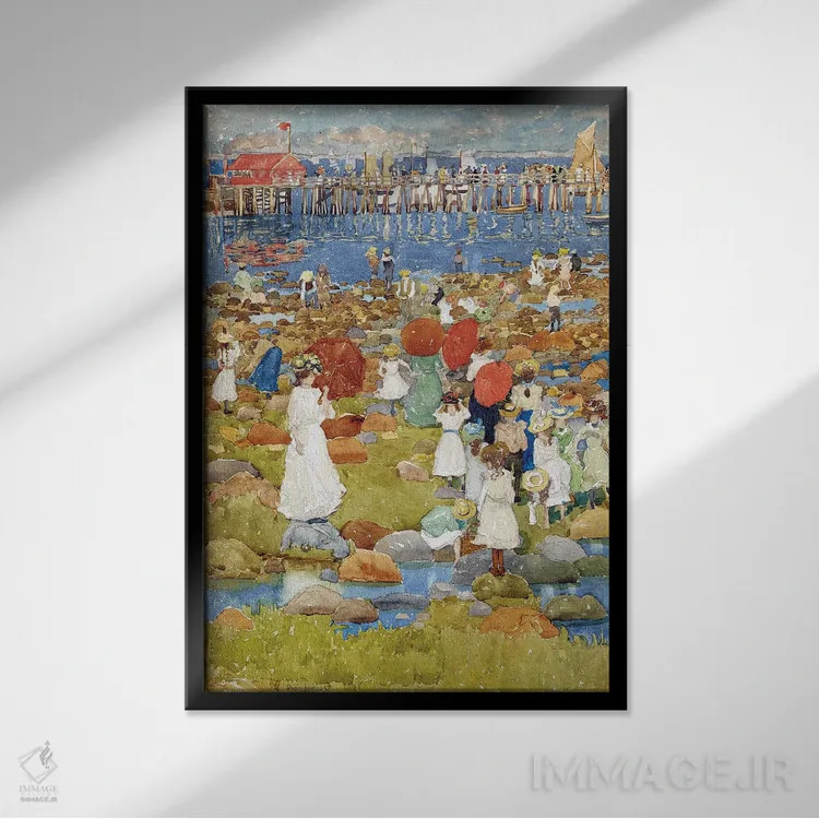 تابلو ساحل سنگی اثر موریس برزیل پرندرگست (نقاش امپرسیونیست آمریکایی) - نمای قابدار مشکی