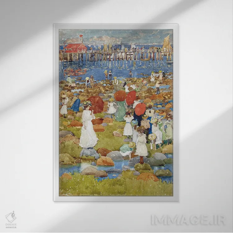 تابلو ساحل سنگی اثر موریس برزیل پرندرگست (نقاش امپرسیونیست آمریکایی) - نمای قابدار سفید