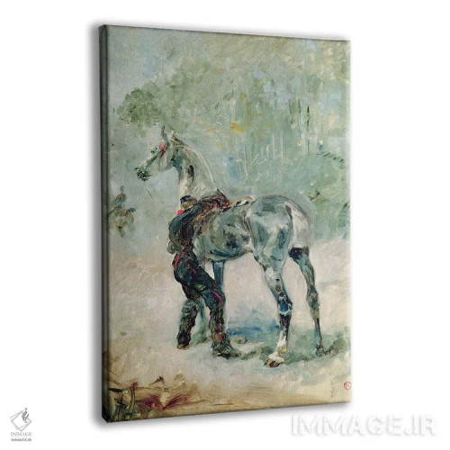 تابلو 1879,سرباز توپخانه در حال زین کردن اسبش، ۱۸۷۹ اثر آنری دو تولوز-لوترک - نمای پرسپکتیو محصول
