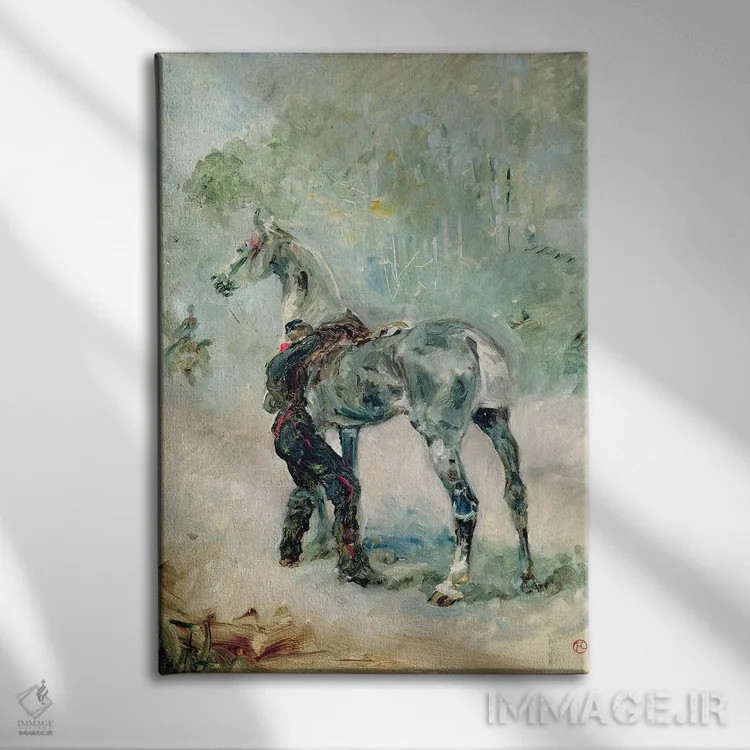 تابلو 1879,سرباز توپخانه در حال زین کردن اسبش، ۱۸۷۹ اثر آنری دو تولوز-لوترک - نمای روبهرو روی دیوار