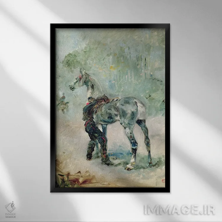 تابلو 1879,سرباز توپخانه در حال زین کردن اسبش، ۱۸۷۹ اثر آنری دو تولوز-لوترک - نمای قابدار مشکی