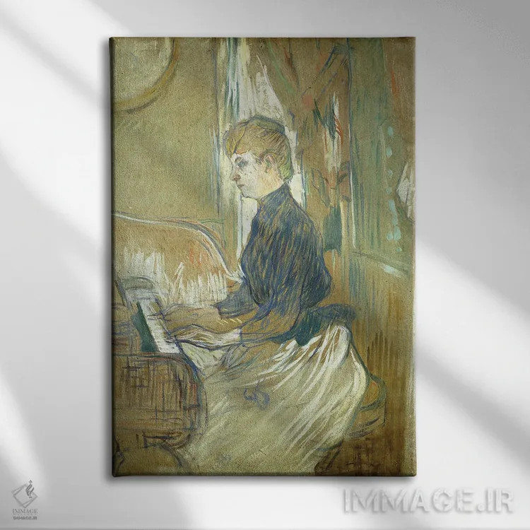 تابلو Madame Juliette Pascal In The Salon Of The Chateau De Malrome, 1896,پای پیانو، مادام ژولیت پاسکال در سالن قلعه مالروم، ۱۸۹۶ اثر آنری دو تولوز-لوترک - نمای روبهرو روی دیوار