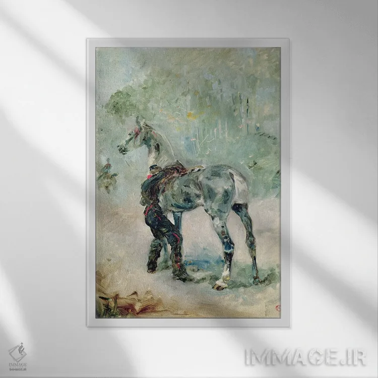 تابلو 1879,سرباز توپخانه در حال زین کردن اسبش، ۱۸۷۹ اثر آنری دو تولوز-لوترک - نمای قابدار سفید