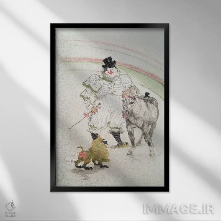 تابلو 1899,در سیرک: اجرای اسب و میمون، ۱۸۹۹ اثر آنری دو تولوز-لوترک - نمای قابدار مشکی