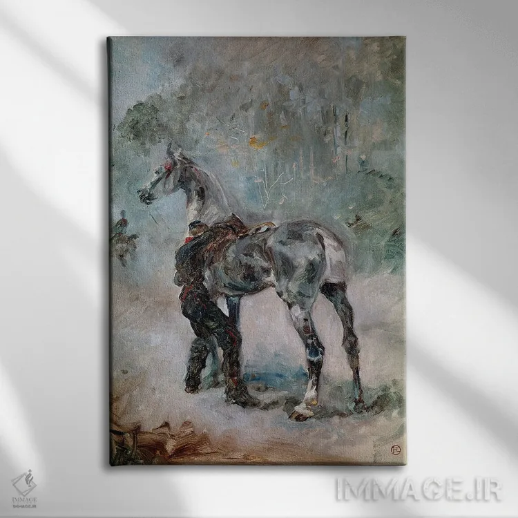 تابلو 1879,توپچی در حال زین کردن اسبش، ۱۸۷۹ اثر آنری دو تولوز-لوترک - نمای روبهرو روی دیوار