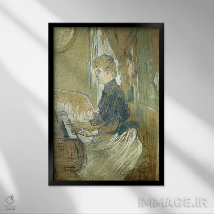 تابلو Madame Juliette Pascal In The Salon Of The Chateau De Malrome, 1896,پای پیانو، مادام ژولیت پاسکال در سالن قلعه مالروم، ۱۸۹۶ اثر آنری دو تولوز-لوترک - نمای قابدار مشکی