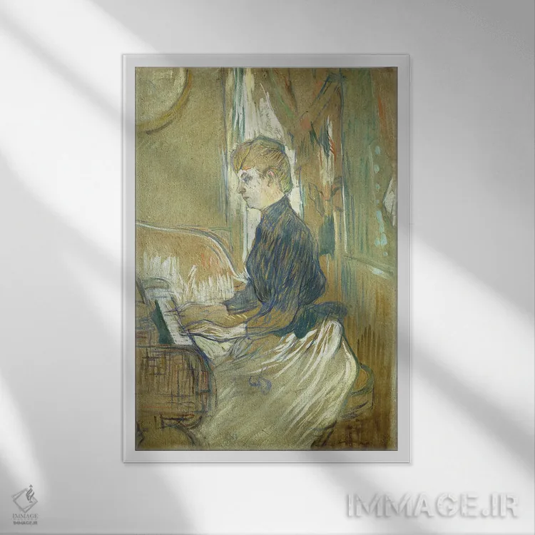 تابلو Madame Juliette Pascal In The Salon Of The Chateau De Malrome, 1896,پای پیانو، مادام ژولیت پاسکال در سالن قلعه مالروم، ۱۸۹۶ اثر آنری دو تولوز-لوترک - نمای قابدار سفید