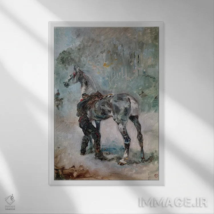 تابلو 1879,توپچی در حال زین کردن اسبش، ۱۸۷۹ اثر آنری دو تولوز-لوترک - نمای قابدار سفید