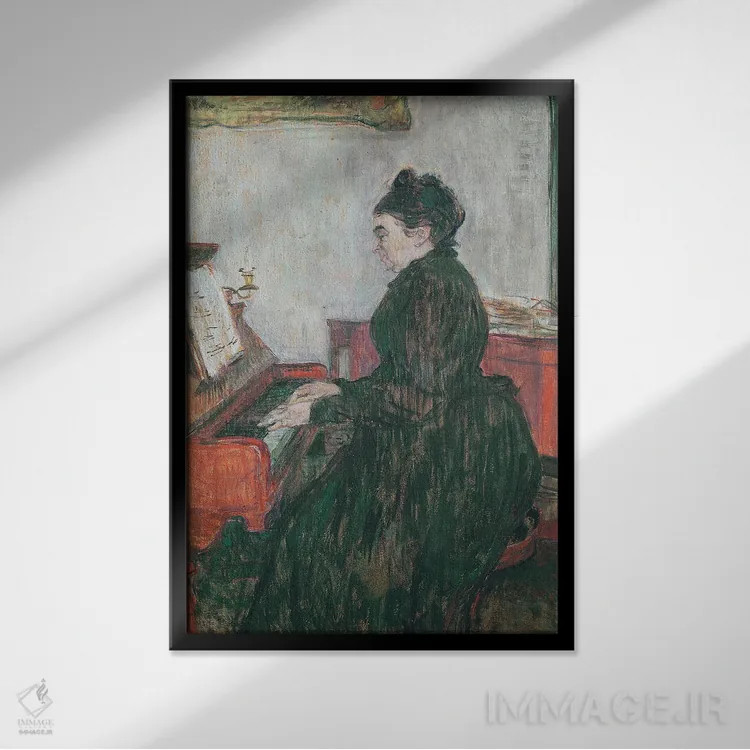 تابلو 1895,مادام پاسکال کنار پیانو در سالن قلعه مالروم، ۱۸۹۵ اثر آنری دو تولوز-لوترک - نمای قابدار مشکی