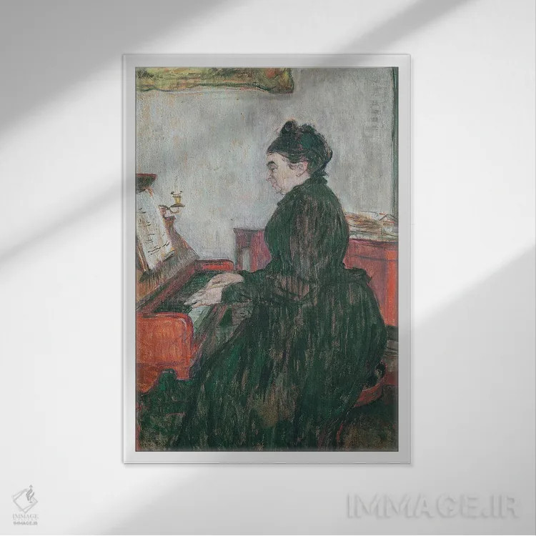 تابلو 1895,مادام پاسکال کنار پیانو در سالن قلعه مالروم، ۱۸۹۵ اثر آنری دو تولوز-لوترک - نمای قابدار سفید